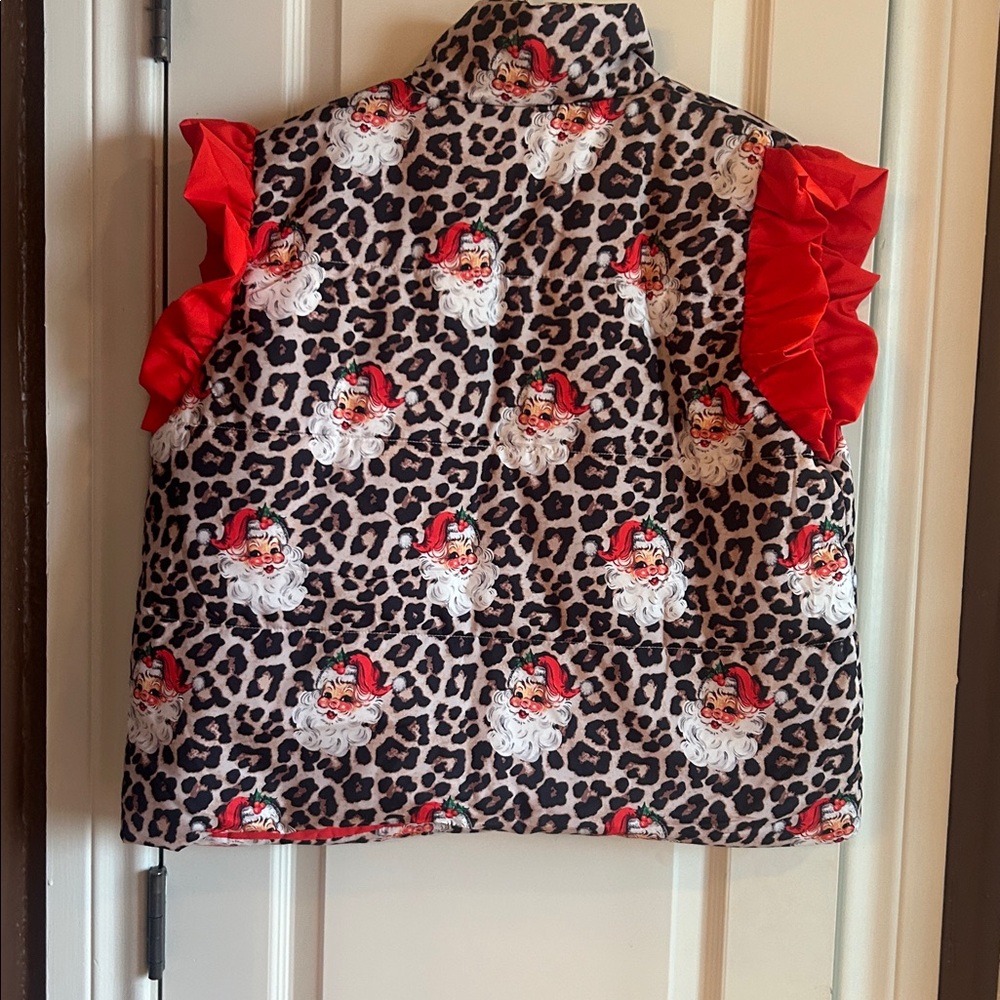 Leopard Print Vest with Santa Design and Red Ruffle Sleeves NEW - Picture 4 of 4
